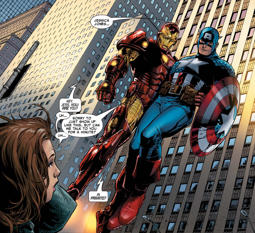 Tony (Iron Man) and Steve (Captain America) flying down from the sky outside the Daily Bugle. Tony is holding Steve by the waist, and Steve's leg is cocked just so