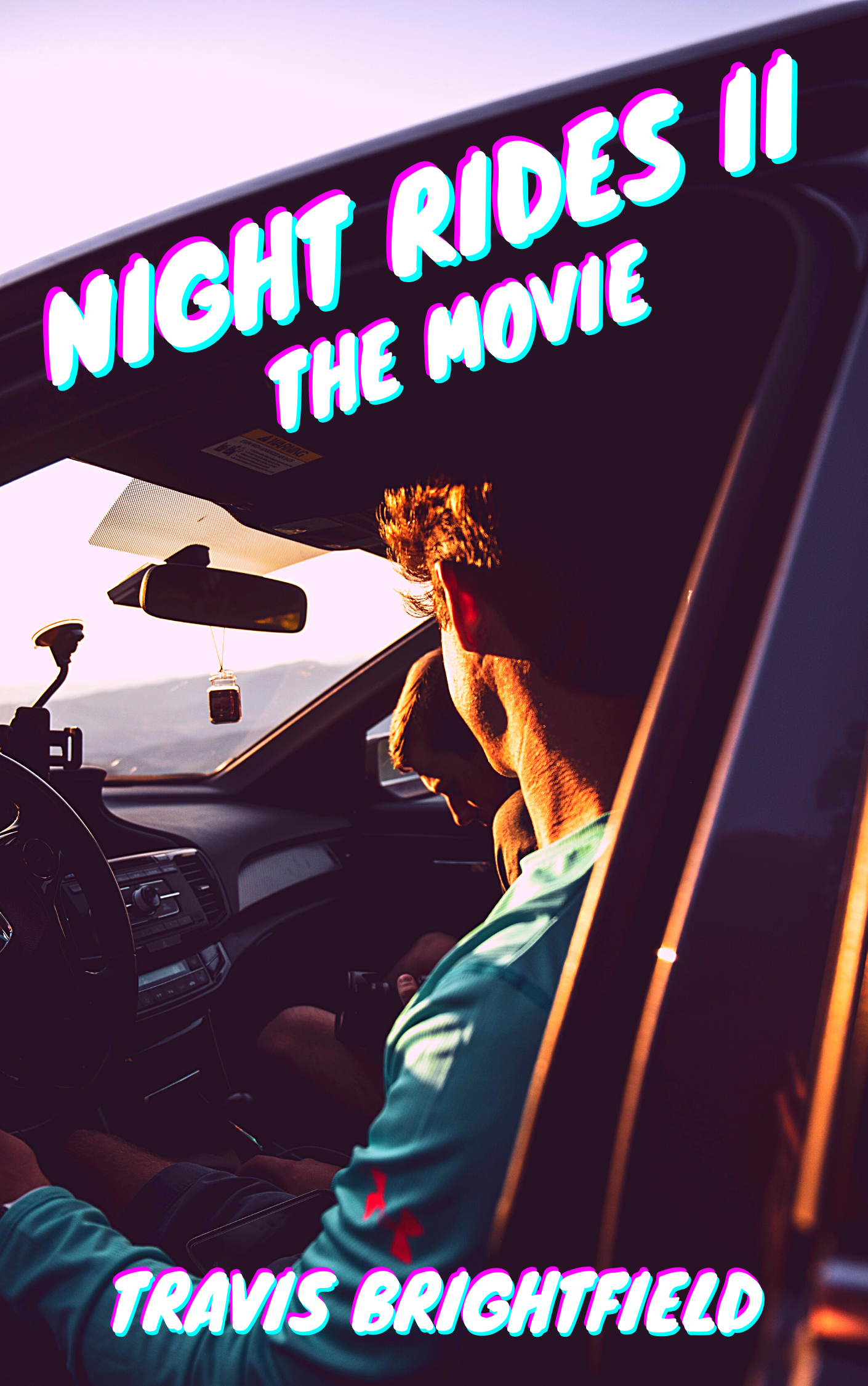 A shot taken from the driver's side of a car. The door is open, showing two late-teen boys in the front again. One of them holds a DSLR camera in their lap. This time the sky is  a hazy purple approaching Dusk. The title reads: Night Rides II: The Movie, in the same neon on font as before. Travis Brightfield is written at the bottom.